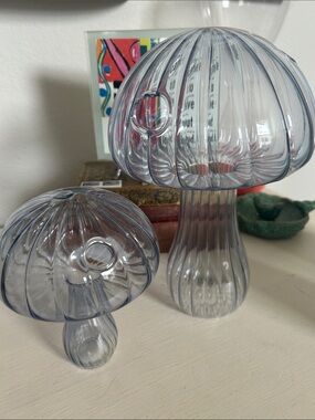 Smoky Blue Gray Glass Mushroom Accent Vases Sculptures - Set of 2